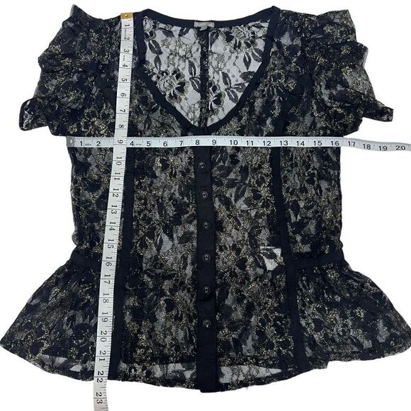 Charlotte Russe Lace Top Sheer Black Mesh Gold Thread Puff Sleeves Medium - Picture 3 of 15